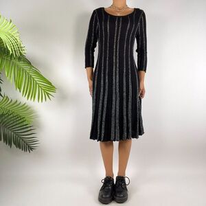 Vintage Y2K Black Romantic Grunge Whimsigoth Metallic Pleated Midi Dress / M